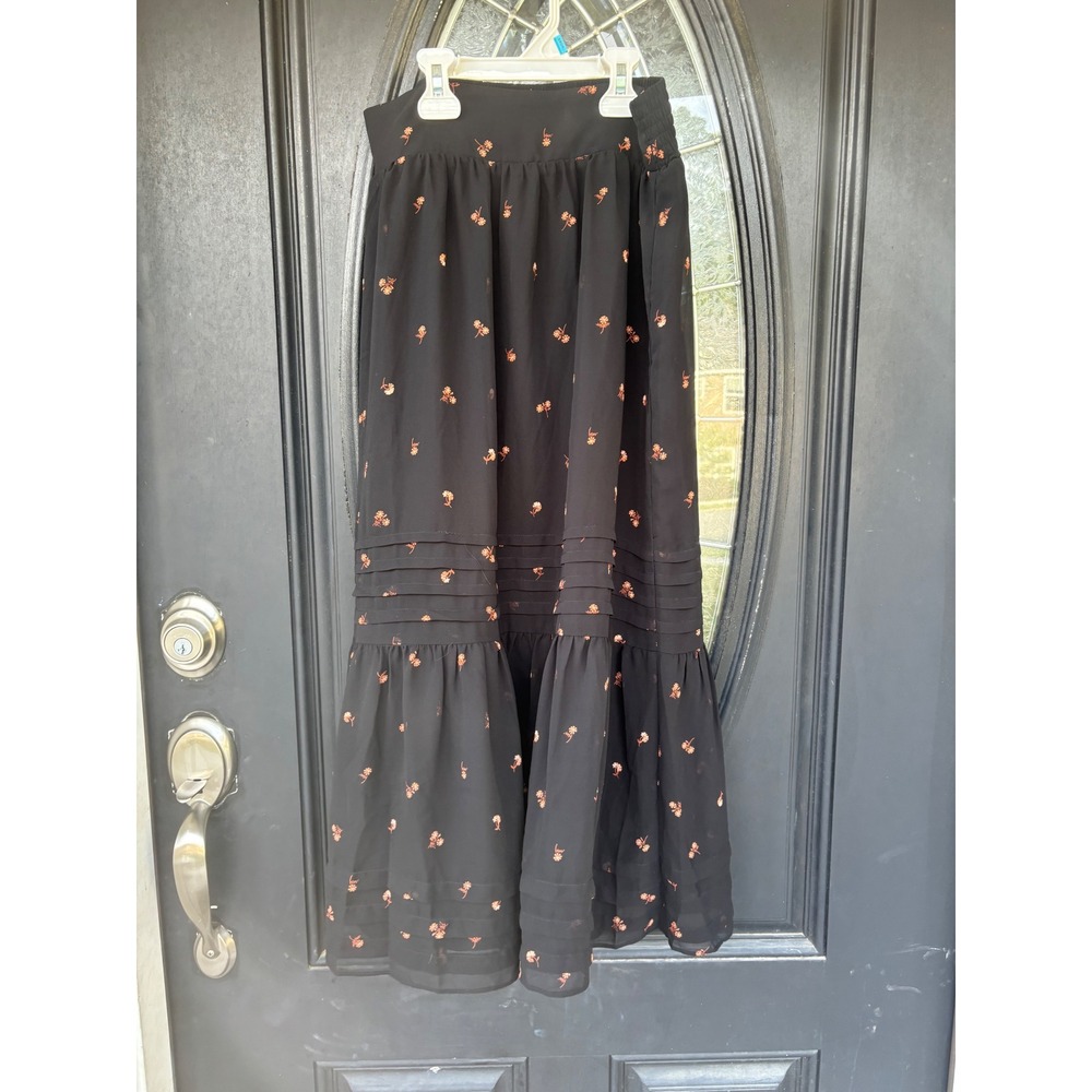 Madewell Black Floral Smocked Tiered Maxi Skirt XS Boho Pintuck Ruffle Lined